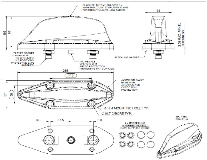 TE Connectivity MiMo Rail Rooftop Antenna with GPS
